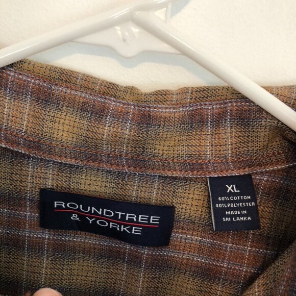 NEW NWT ROUNDTREE YORKE Mens Tan Brown Blue White Navy Plaid Cotton Button Down - Picture 4 of 10
